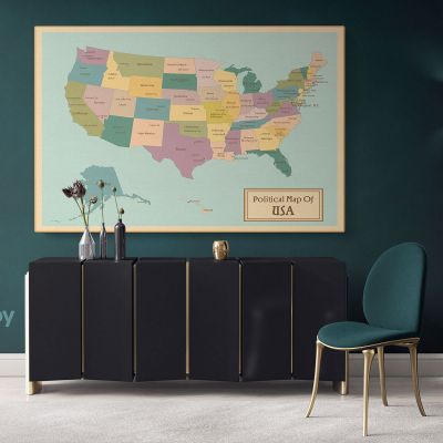 Political Map of USA America Giant World Map US States Atlas Geography Political Print In Different Sizes Living Room For Home Gift Mural Map