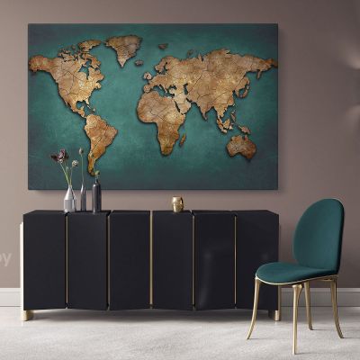 Modern Green with Gold Wall Art Map Large Canvas Nursery Kids Playroom Map Art