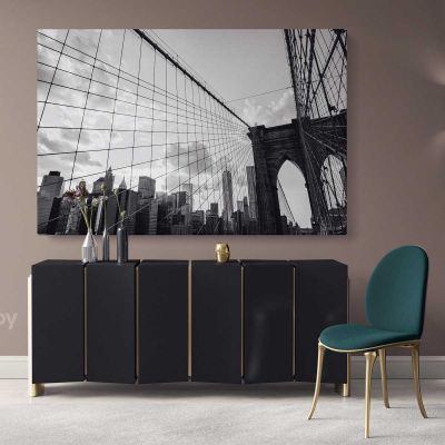 New York City Brooklyn Bridge Skyline Black & White Canvas with Frame /Roll Wall Artwork Hanging Print Poster Living Room Bedroom Mural Gift