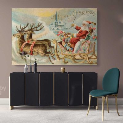 Santa Claus's Reindeer Vintage Winter Christmas Village Wall Art Print Painting On Framed Canvas