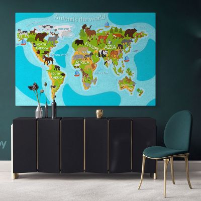 Kids Nursery Animal Maps World Animals Canvas Gift Office Living Room Home Decor For Wall Hanging