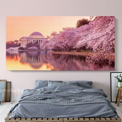 Panoramic Cherry Blossoms and Jefferson Memorial Monument of the Tidal Basin Panoramic Wall Art Canvas With Frame / Roll Wall Hangings Mural