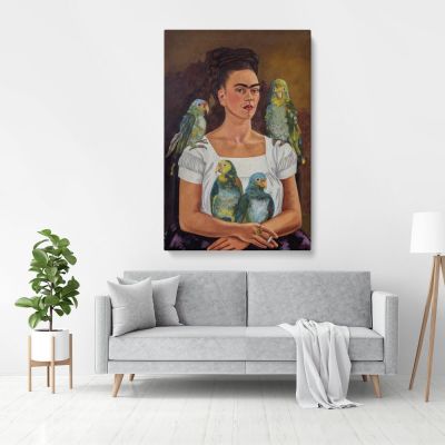 Frida Kahlo Self Portrait and Parrots Photo Print on Canvas, Wall Art Home Decor, Ready to Hang Canvas, Art, Home Decoration